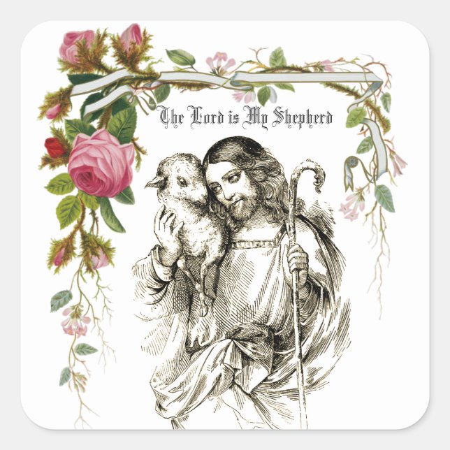 Jesus Good Shepherd Vintage Roses Religious Square Sticker (Front)
