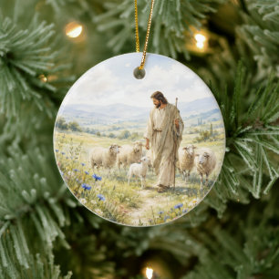 Jesus Good Shepherd Wildflower Watercolor Ceramic Ornament