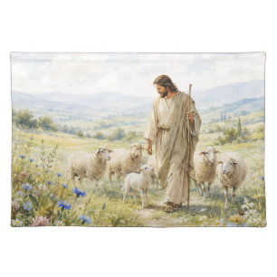 Jesus Good Shepherd Wildflower Watercolor Cloth Placemat