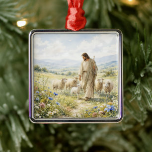 Jesus Good Shepherd Wildflower Watercolor Metal Ornament