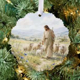 Jesus Good Shepherd Wildflower Watercolor Ornament Card