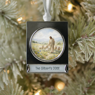 Jesus Good Shepherd Wildflower Watercolor Silver Plated Banner Ornament