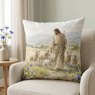Jesus Good Shepherd Wildflower Watercolor Throw Pillow