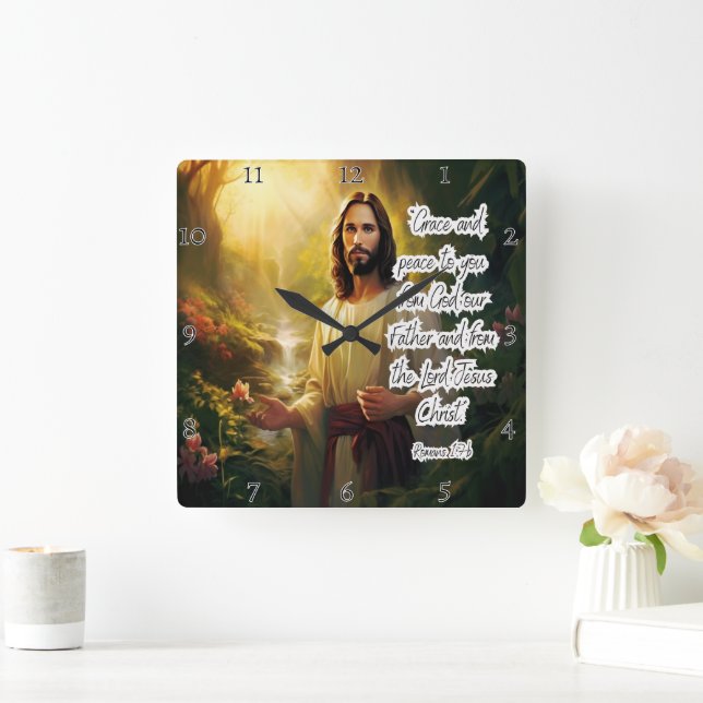 Jesus: Grace, Peace, Divine Blessing Square Wall Clock (Home)