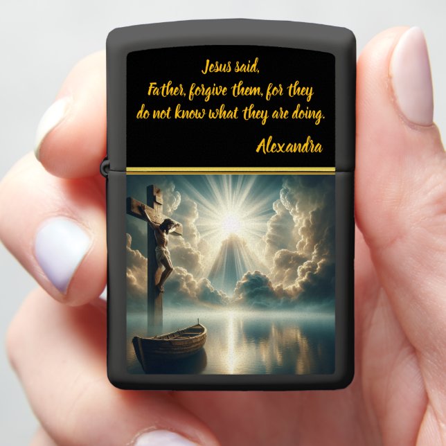Jesus Hanging Cross Above Still Waters Zippo Lighter (In Hand)
