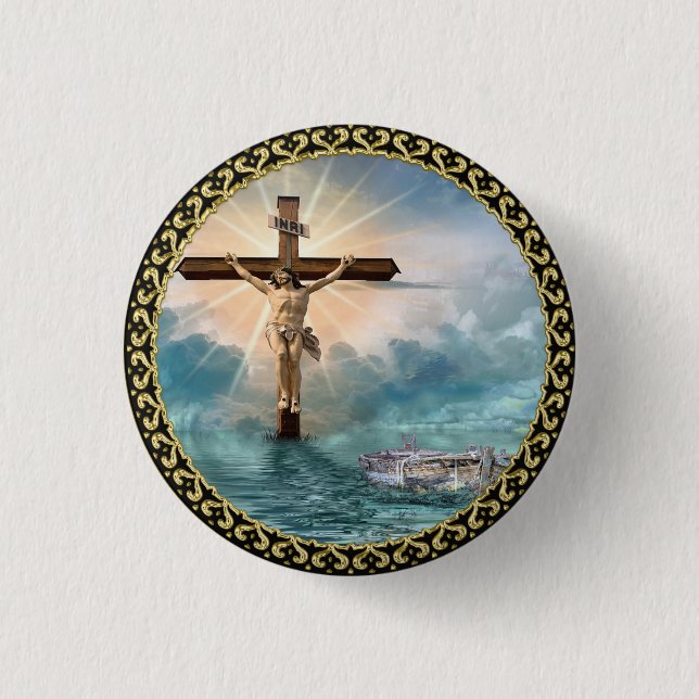 Jesus hanging from a christian crucifixion cross. button (Front)