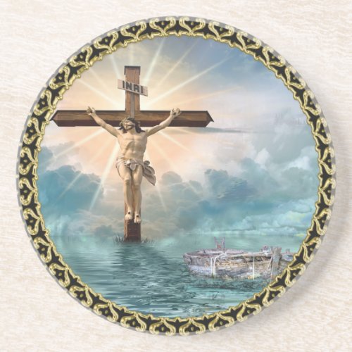 Jesus hanging from a christian crucifixion cross coaster