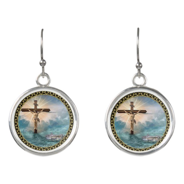 Jesus hanging from a christian crucifixion cross. earrings (Front)