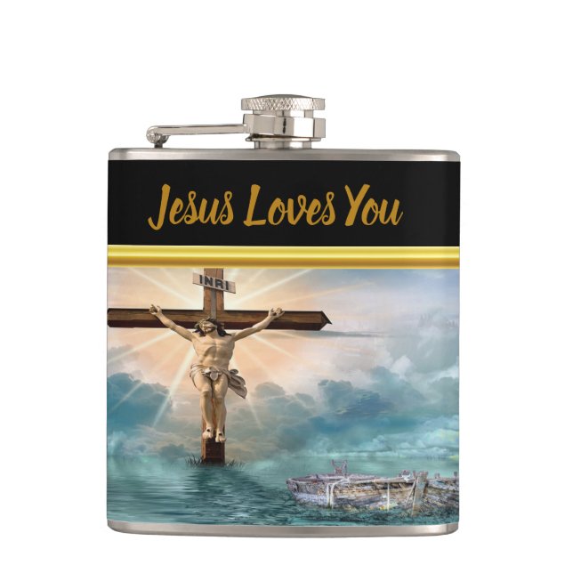 Jesus hanging from a christian crucifixion cross flask (Front)