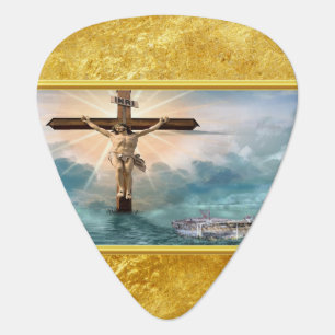 Jesus hanging from a christian crucifixion cross guitar pick