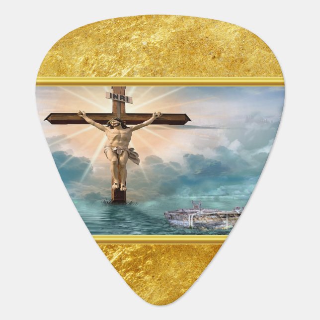 Jesus hanging from a christian crucifixion cross guitar pick (Front)