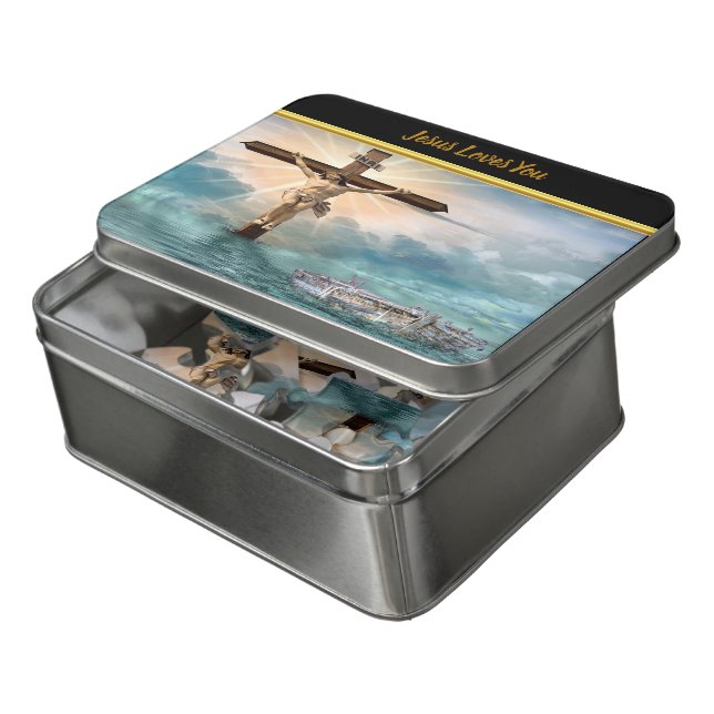 Jesus hanging from a christian crucifixion cross jigsaw puzzle (Lid Open)