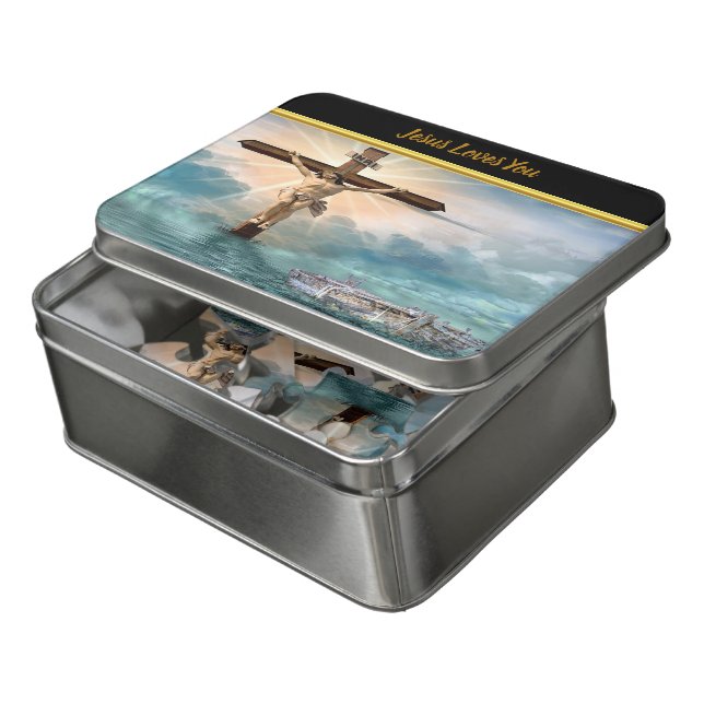 Jesus hanging from a christian crucifixion cross jigsaw puzzle (Lid Open)