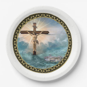 Jesus hanging from a christian crucifixion cross. paper plates