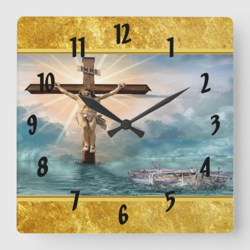 Jesus hanging from a christian crucifixion cross square wall clock