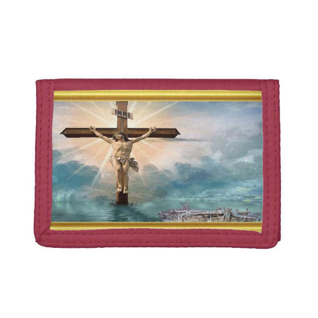 Jesus hanging from a christian crucifixion cross trifold wallet (Front)