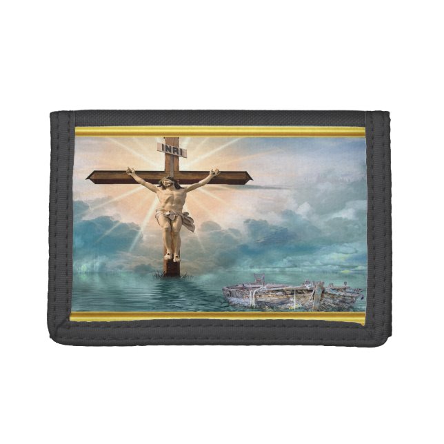 Jesus hanging from a christian crucifixion cross trifold wallet (Front)