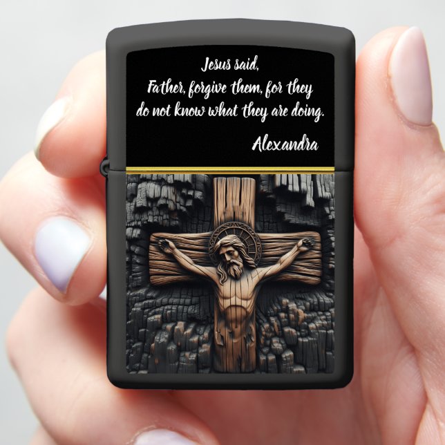 Jesus Hanging From Burnt Wood Crucifix Art Zippo Lighter (In Hand)