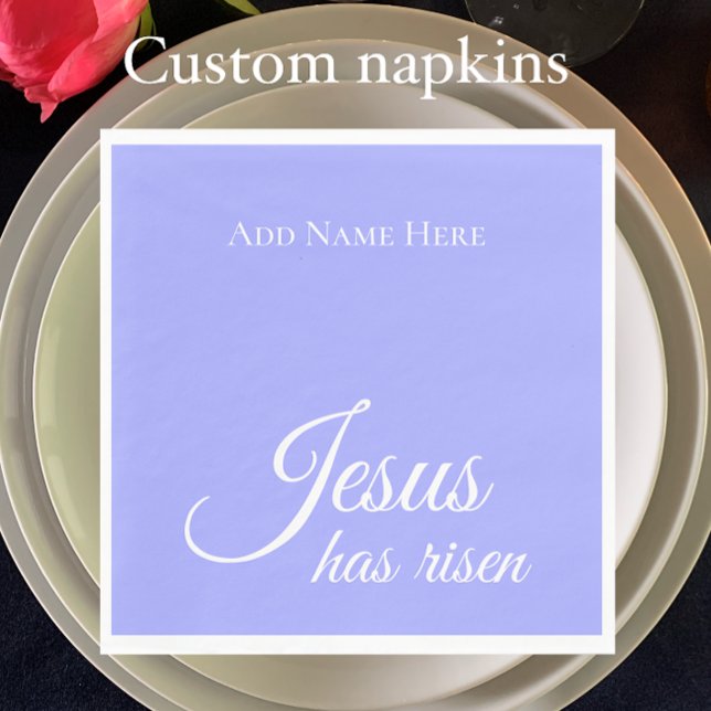 Jesus Has Risen Custom Purple Christian Easter  Napkins (Add your custom text to personalize these purple blue bell Jesus has risen Easter napkins.)