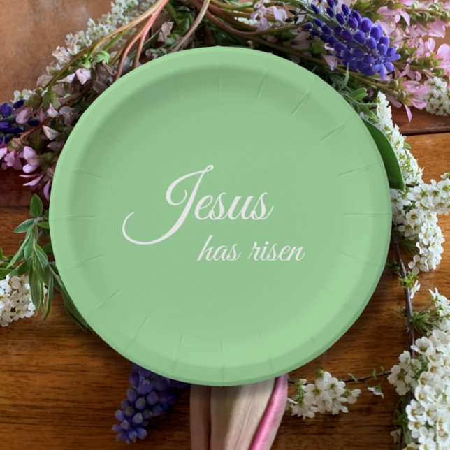 Jesus Has Risen Elegant Green Christian Easter Paper Plates (Jesus has risen custom elegant script on mint green paper plates. Easter Christian party table set.
)