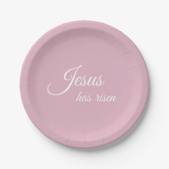 Jesus Has Risen Pastel Pink Christian Easter Paper Plates (Front)