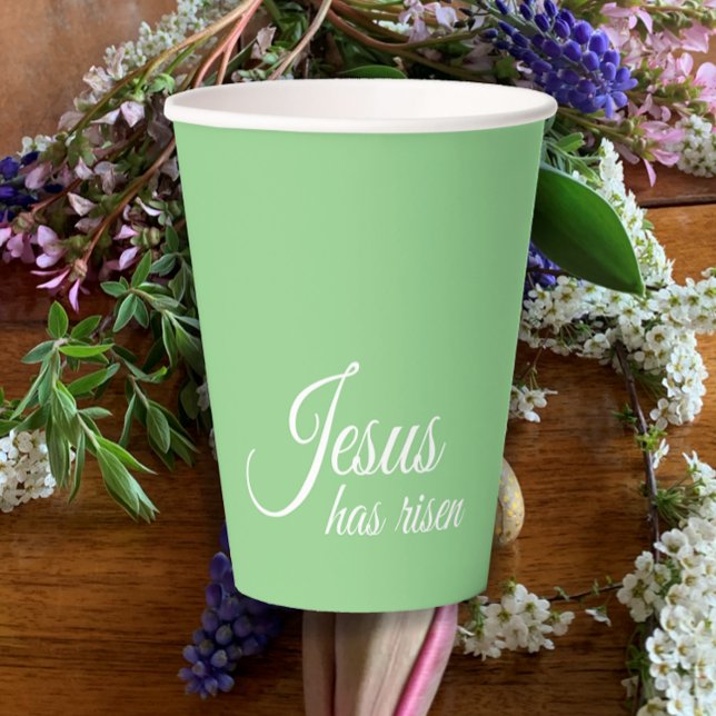 Jesus Has Risen Script Green Christian Easter  Paper Cups (Pastel green Easter party paper cups with custom elegant script, Jesus has risen Christian Easter.
)
