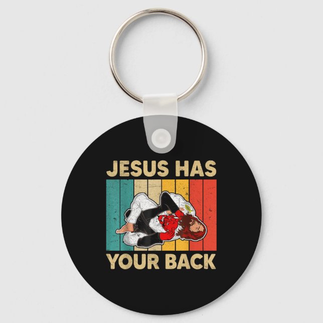 Jesus Has Your Back Jiu Jitsu Retro Christian Men  Keychain (Front)