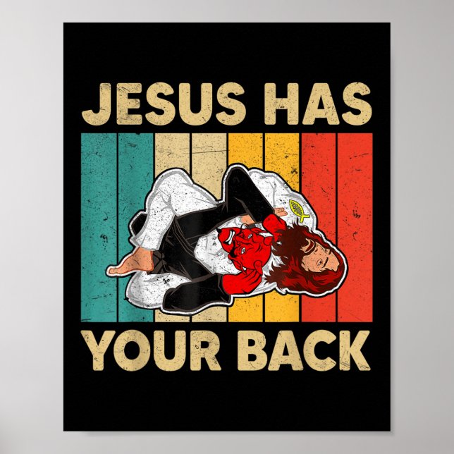 Jesus Has Your Back Jiu Jitsu Retro Christian Men  Poster (Front)