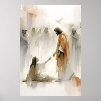Jesus Healing The Woman Watercolor Bible Miracle Poster
