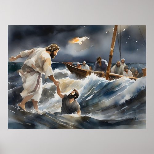 Jesus Helping Peter Out Of The Water Poster