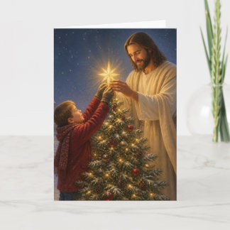 Jesus Helps Little Boy Decorate Christmas Tree Holiday Card