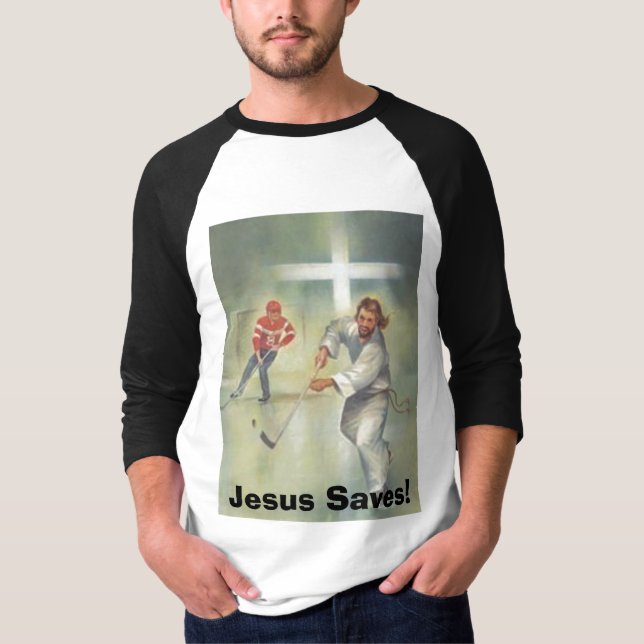 jesus-hockey-player, Jesus Saves! T-Shirt (Front)