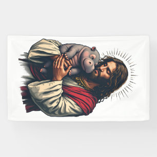 Jesus Holding a Baby Moo Deng Hippo Banner