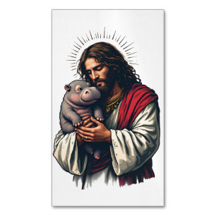 Jesus Holding a Baby Moo Deng Hippo  Business Card Magnet