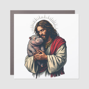 Jesus Holding a Baby Moo Deng Hippo Car Magnet
