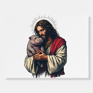 Jesus Holding a Baby Moo Deng Hippo Foam Board