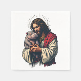 Jesus Holding a Baby Moo Deng Hippo Napkins