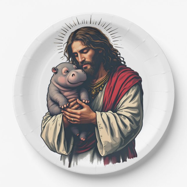Jesus Holding a Baby Moo Deng Hippo  Paper Plates (Front)