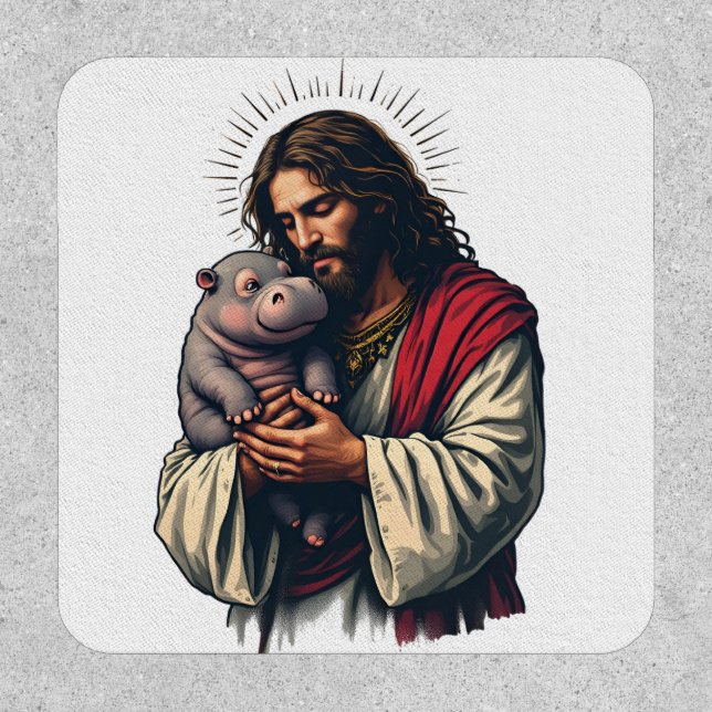 Jesus Holding a Baby Moo Deng Hippo  Patch (Front)