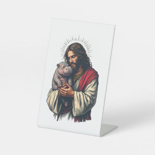 Jesus Holding a Baby Moo Deng Hippo  Pedestal Sign