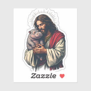 Jesus Holding a Baby Moo Deng Hippo Sticker