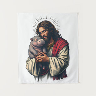 Jesus Holding a Baby Moo Deng Hippo  Tapestry