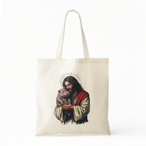 Jesus Holding a Baby Moo Deng Hippo  Tote Bag