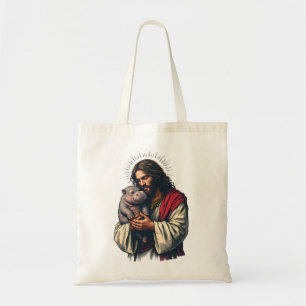 Jesus Holding a Baby Moo Deng Hippo Tote Bag