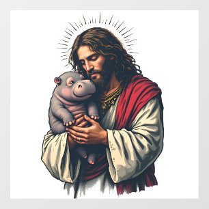 Jesus Holding a Baby Moo Deng Hippo Window Cling