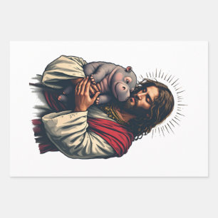 Jesus Holding a Baby Moo Deng Hippo  Wrapping Paper Sheets