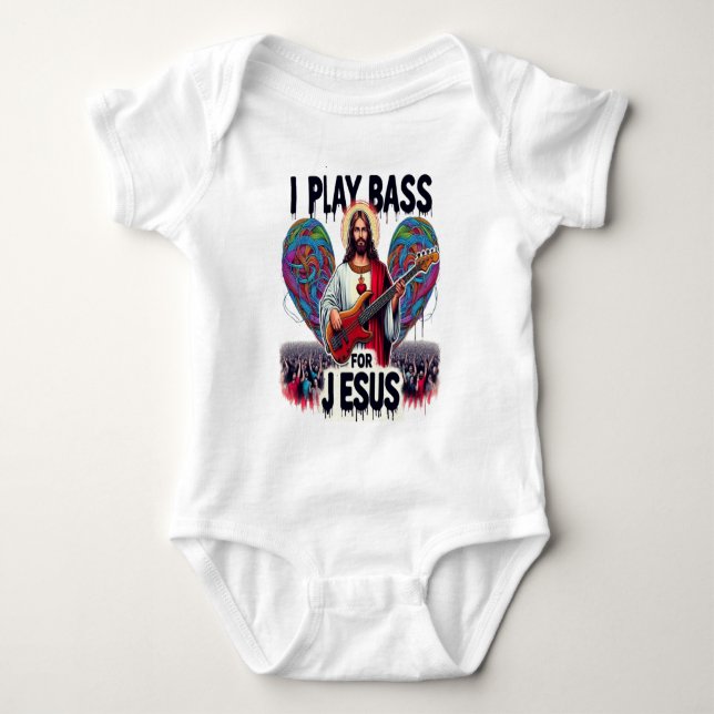 Jesus holding a bass guitar baby bodysuit (Front)