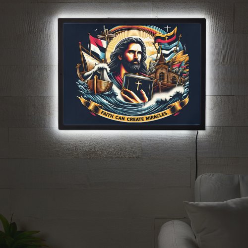 Jesus holding a bible amidst waves and symbols LED sign