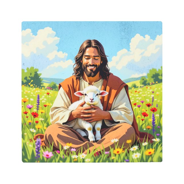 Jesus holding a Lamb | Religious Christian Metal Print (Front)