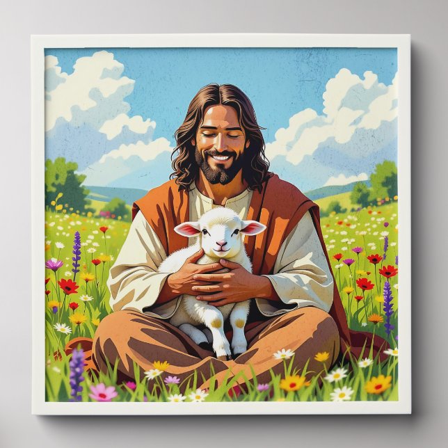 Jesus holding a Lamb | Religious Christian Peel And Stick Photo Tile (Front Set)